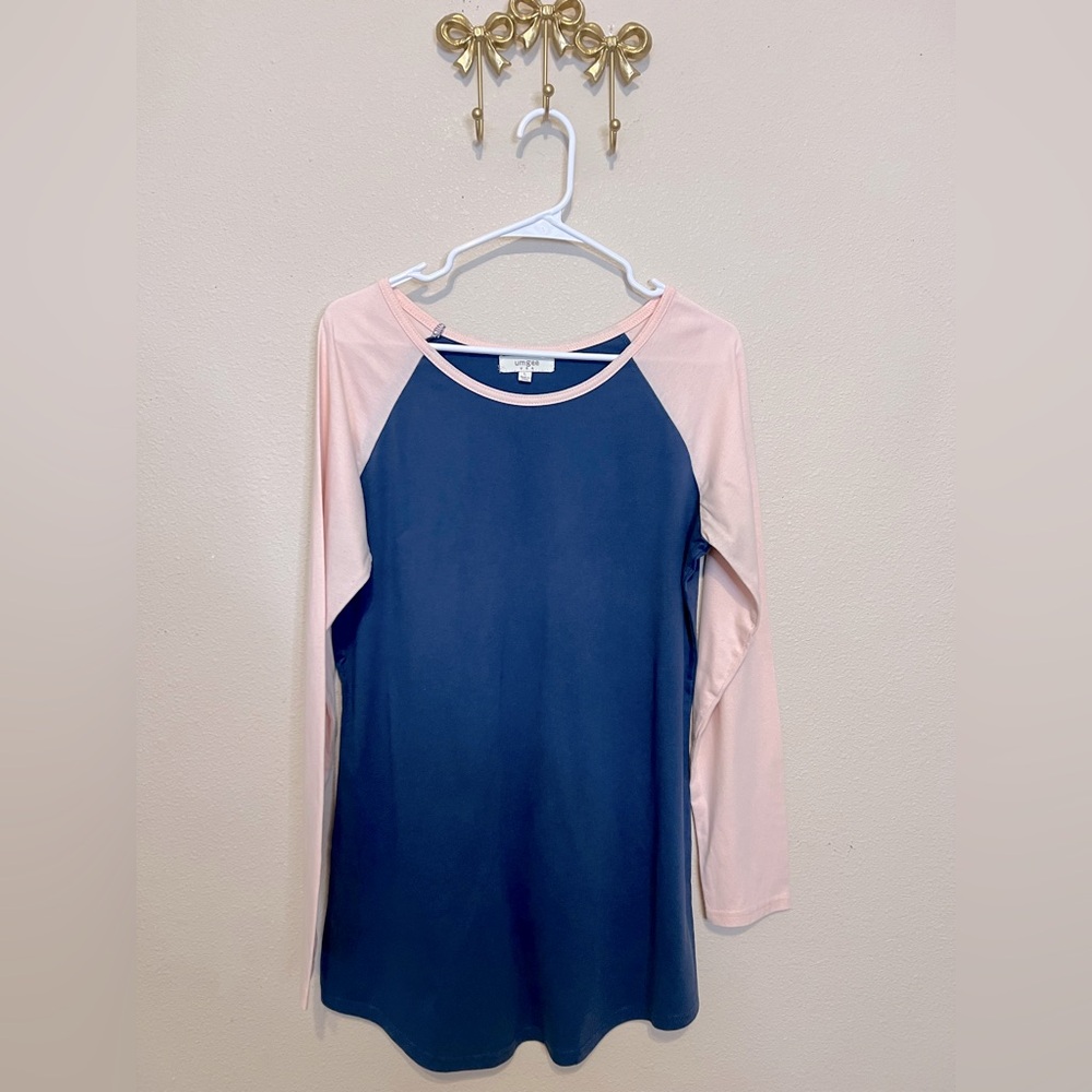 Women's Navy and Light Pink Raglan Long Sleeve Top